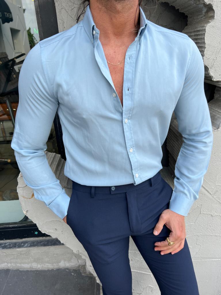 Button Collar Slim Fit Shirt - Blue