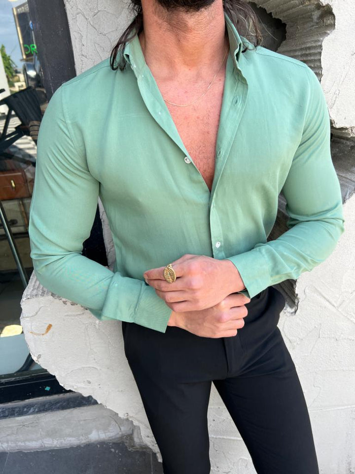 Button Collar Slim Fit Shirt - Green