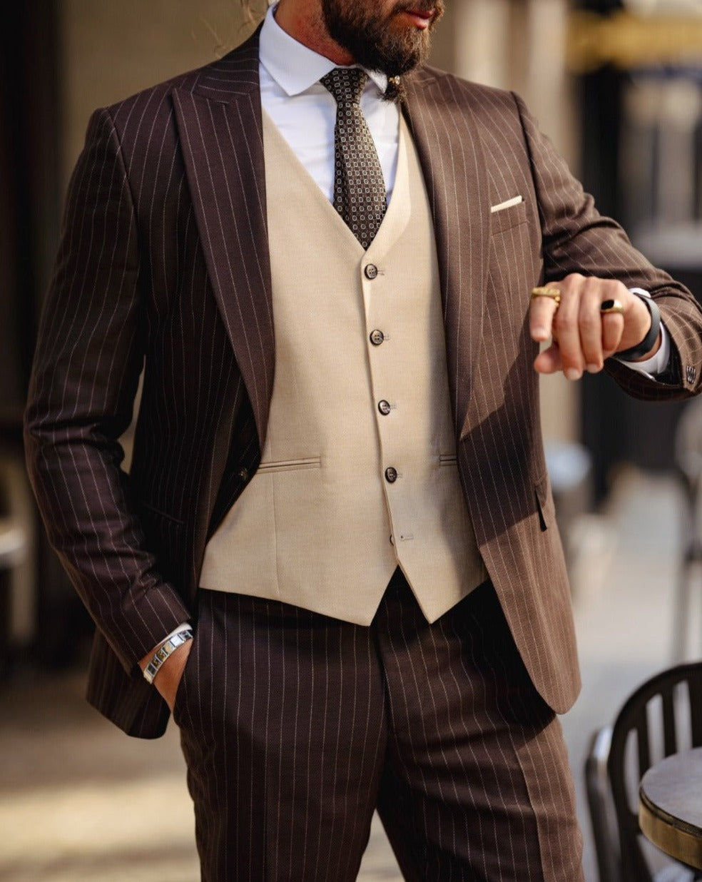 Self-patterned Slim Fit Suit - Beige-Brown