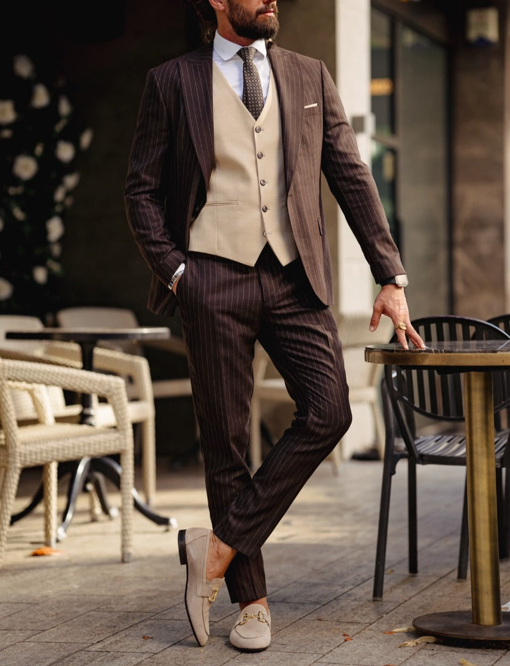 Self-patterned Slim Fit Suit - Beige-Brown