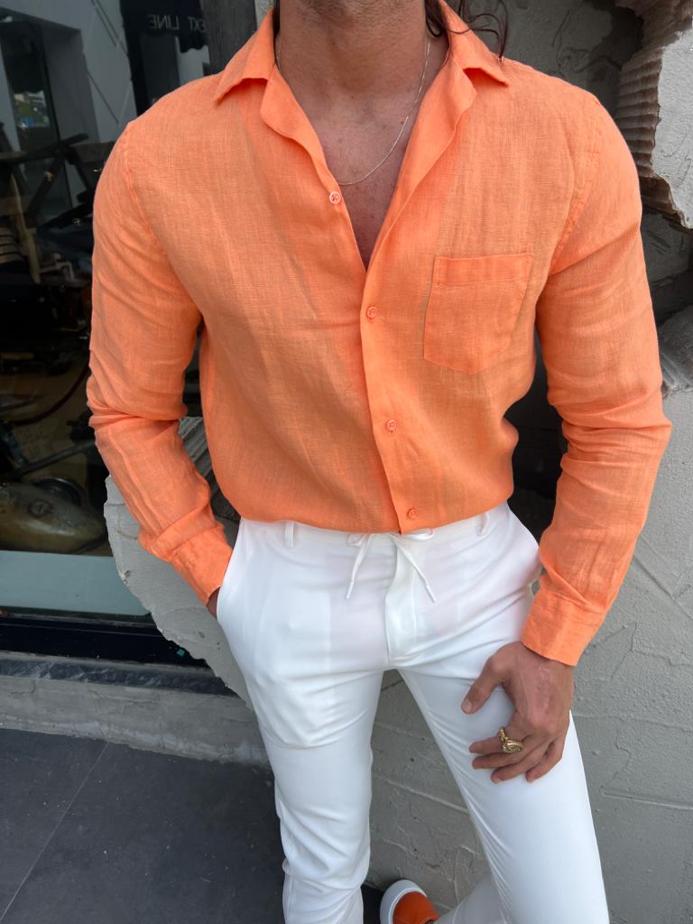 High Collar Comfortable Fit Shirt - Orange