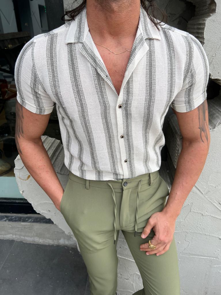 High Collar Siim Fit Shirt - Beige/Green