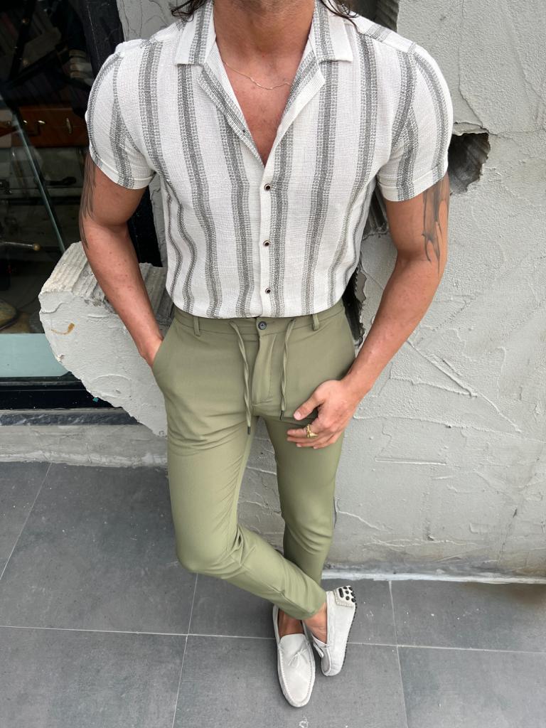 Chemise Siim Fit à Col Haut - Beige/Vert