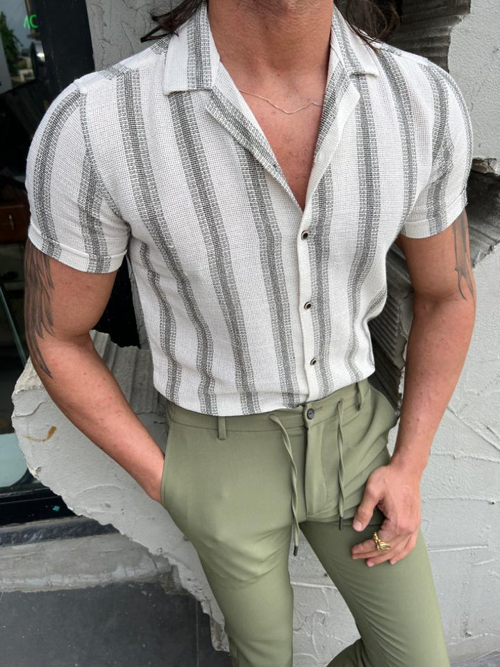 Chemise Siim Fit à Col Haut - Beige/Vert