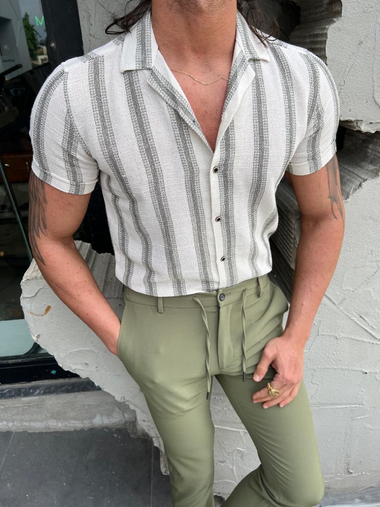 Chemise Siim Fit à Col Haut - Beige/Vert