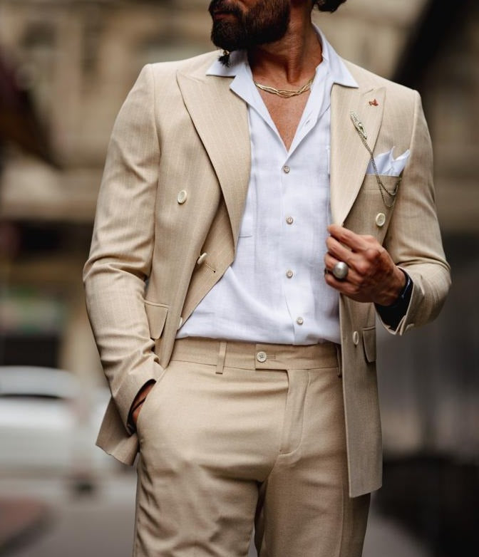 Line Detailed Pointed Collar Double Breasted Slim Fit Suit - Beige