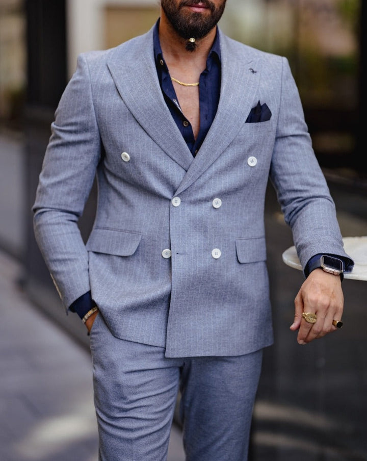 Double Breasted Slim Fit Suit - Navy Blue