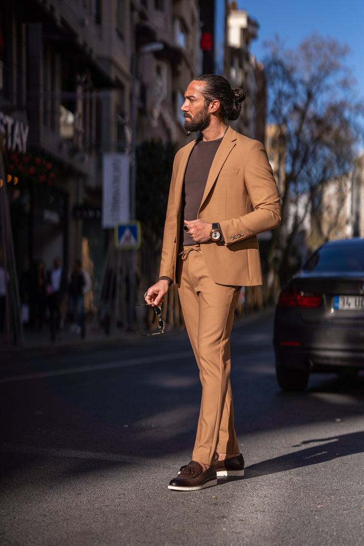 Special Design Alım Fıt Sports Cut Elastıc Waıst Suit - Camel