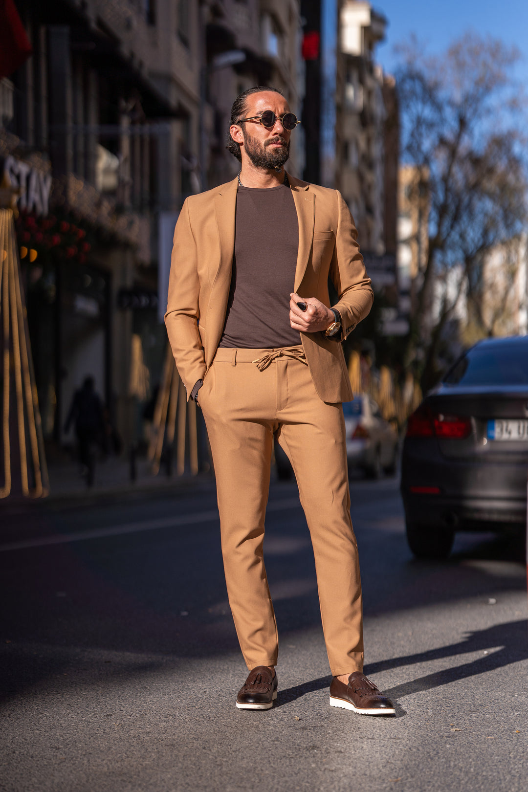 Special Design Alım Fıt Sports Cut Elastıc Waıst Suit - Camel