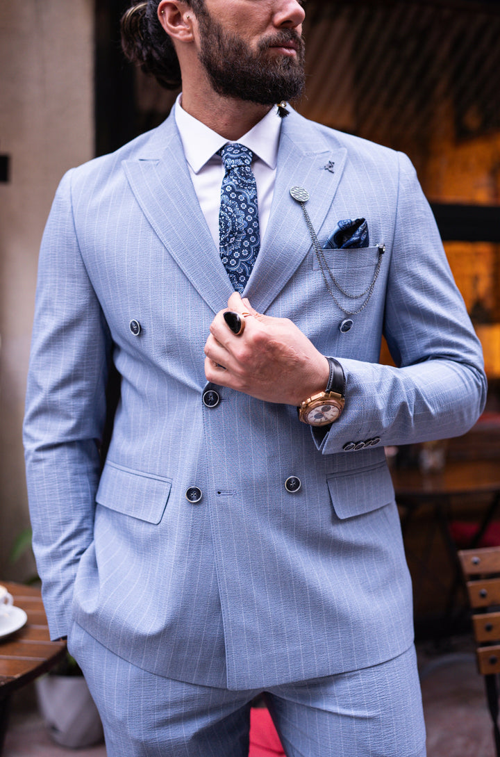 Double-Breasted Suit Eıthe Self - Striping Pattern - Blue
