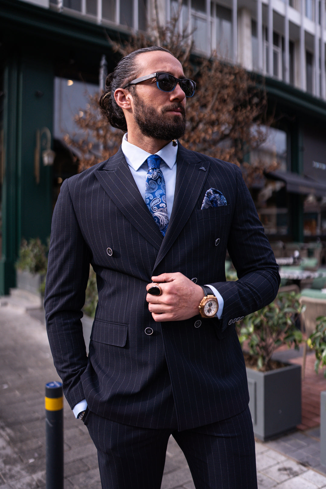 Slım Fıt Double-Breasted Suit Eithe Self - Striping Pattern - Navy Blue