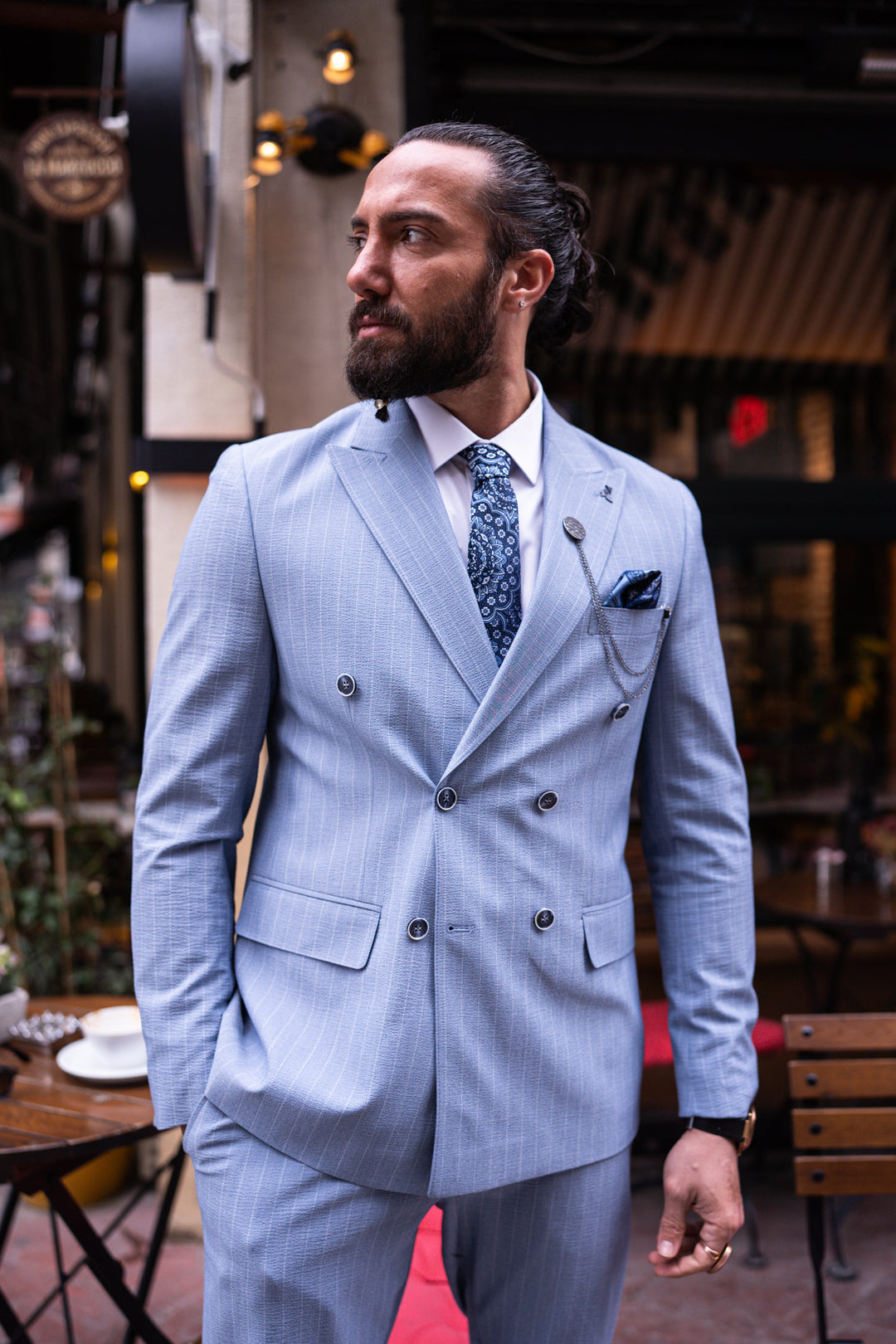 Double-Breasted Suit Eıthe Self - Striping Pattern - Blue
