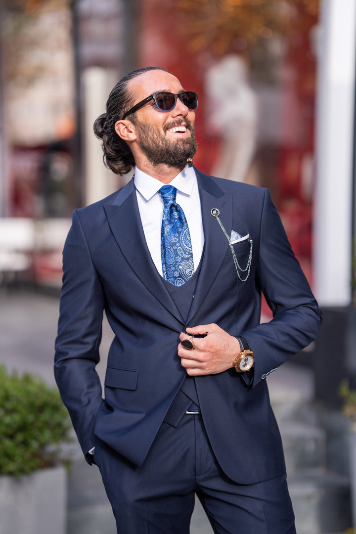 Special Design Slim Fit Lycra Fabric Plain Suit - Navy Blue