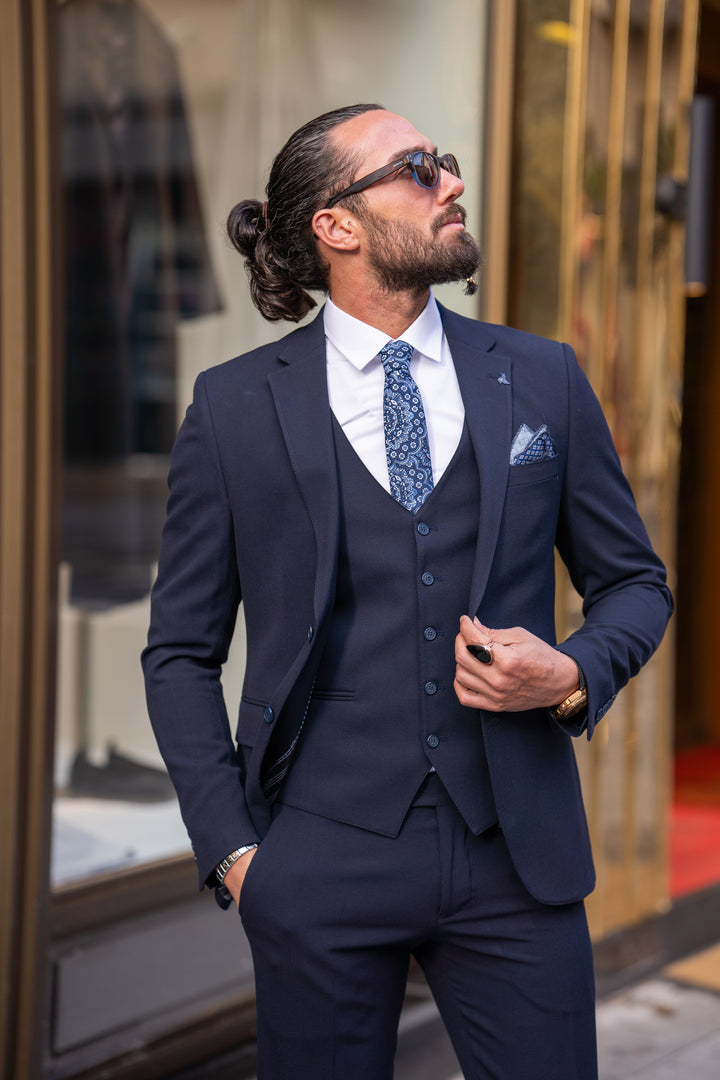 Special Design Slim Fit Lycra Fabric Plain Suit - Navy Blue