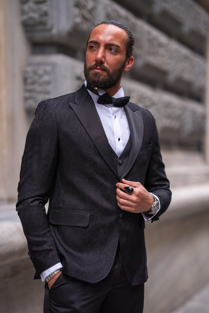 Special Design Slim Fit Self-patterned Satin Collar Tuxedo - Black
