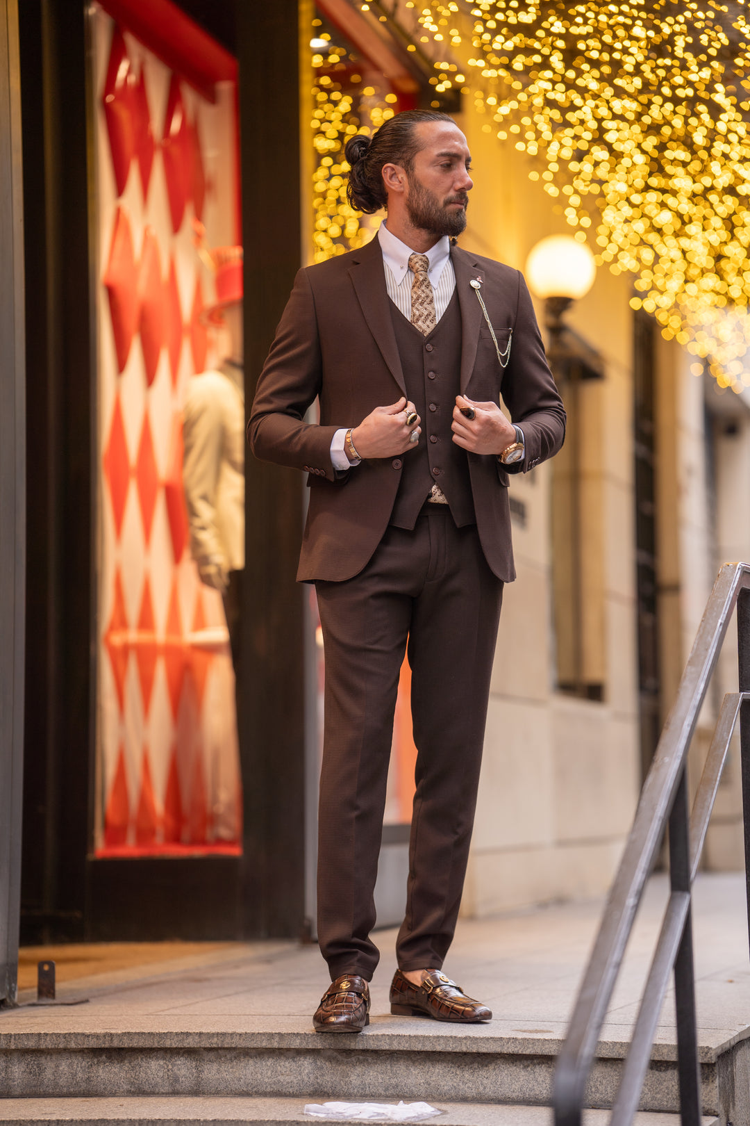 Special Design Slim Fit Self-patterned Suit - Brown