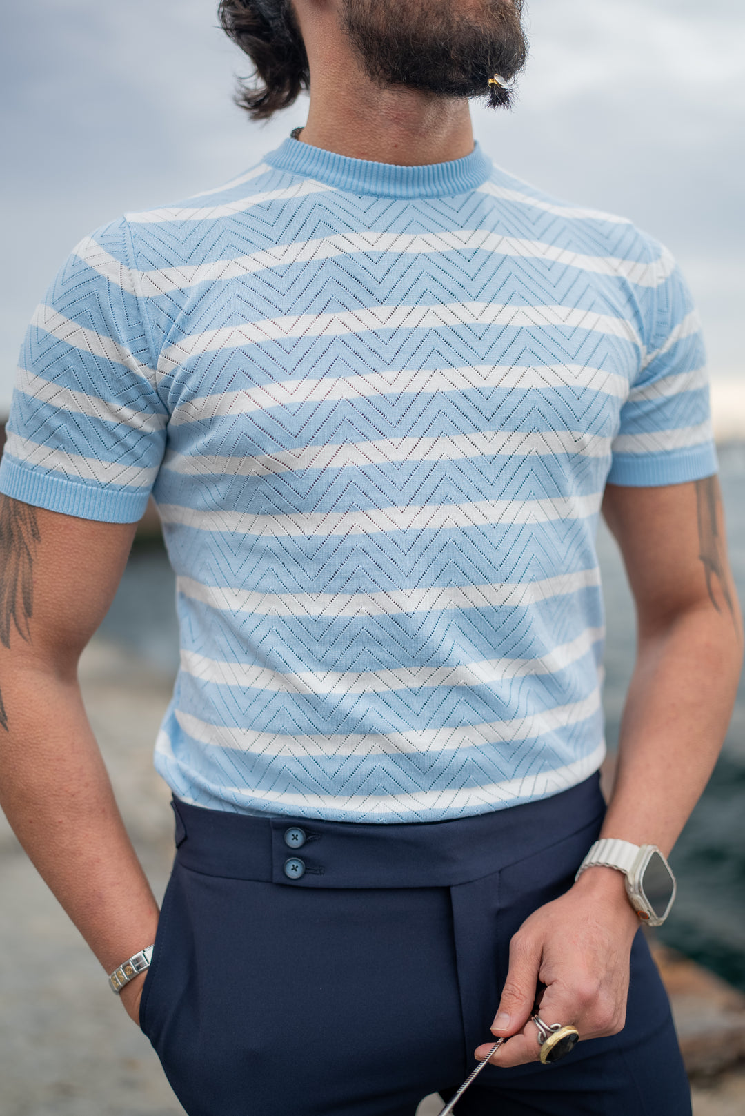 Special Design Slim Fit Stripe Patterned Crew Neck Knitwear - Blue