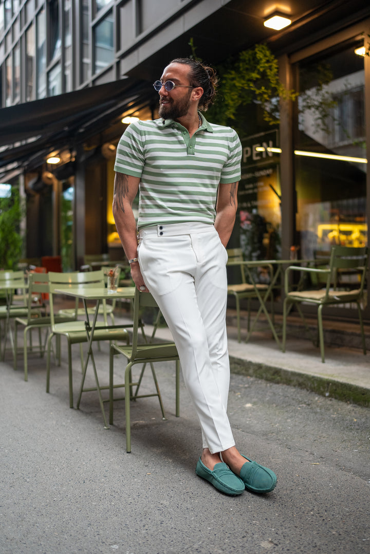 Special Design Slim Fit Stripe Patterned Polo Neck Knitwear - Green