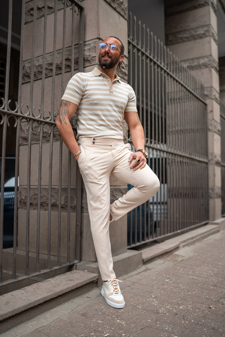 Slim Fit Stripe Patterned Polo Neck Knitwear - Beige