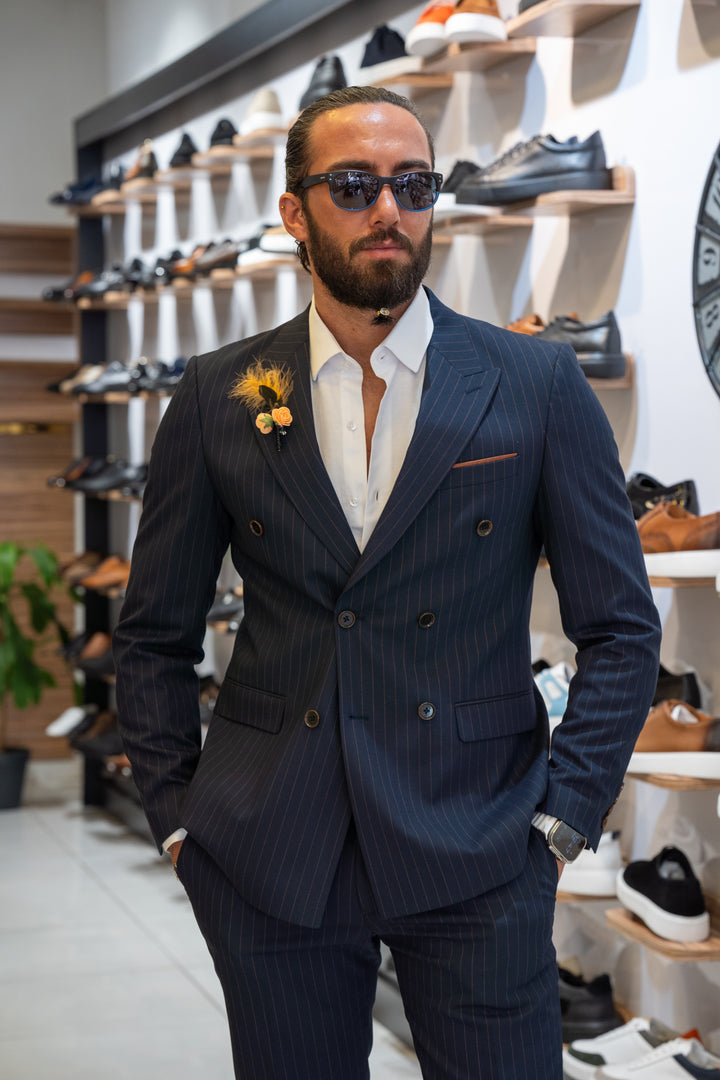 Specially Designed Slim Fit Double-breasted Suit With Self - Line Detail - Dark Blue