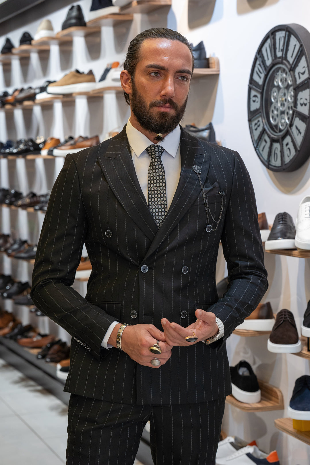 Double-breasted Suit With Self-line Detail - Black