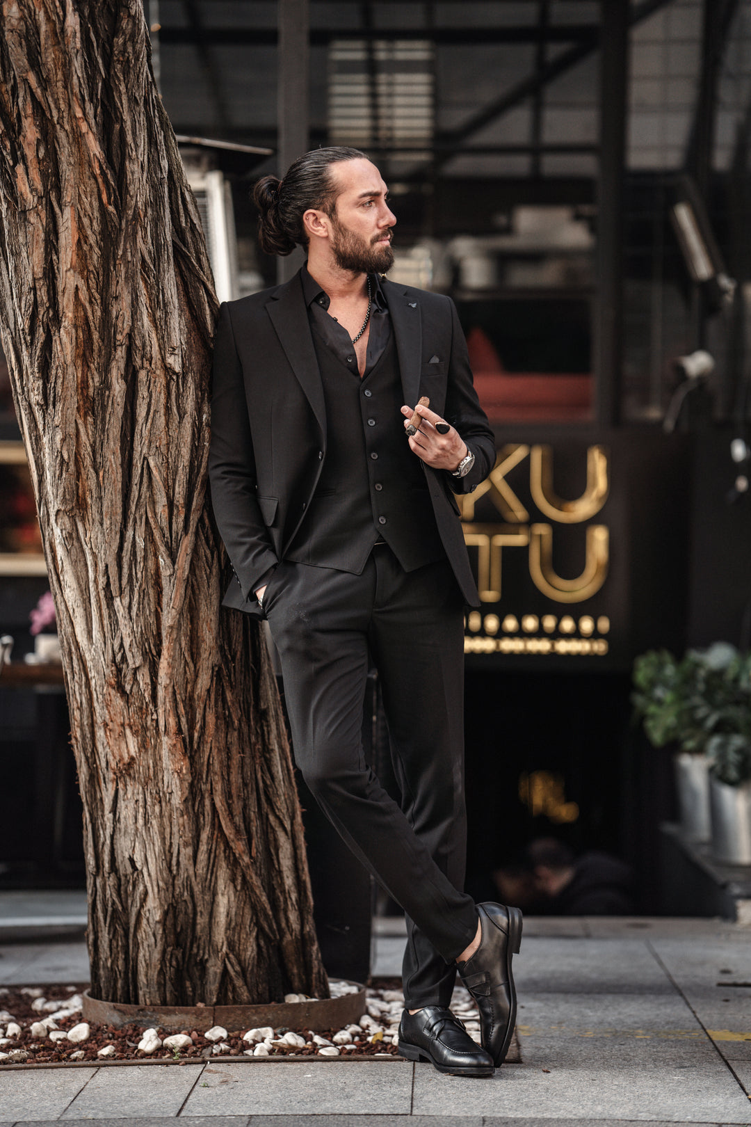 Special Design Slim Fit Lycra Fabric Plain Suit - Black