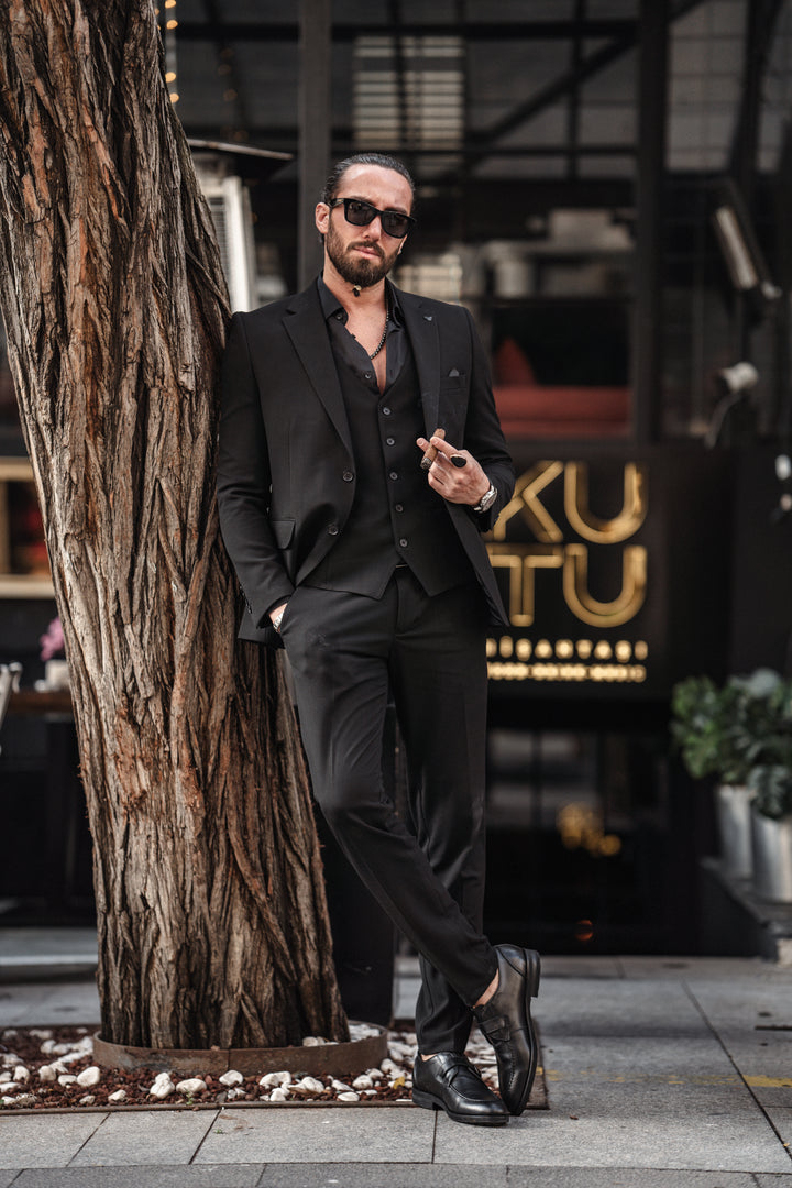 Special Design Slim Fit Lycra Fabric Plain Suit - Black