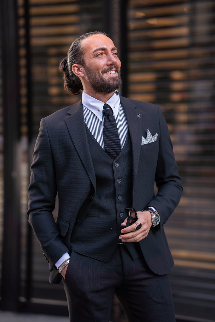 Special Design Slim Fit Self- Patterned Suit - Black