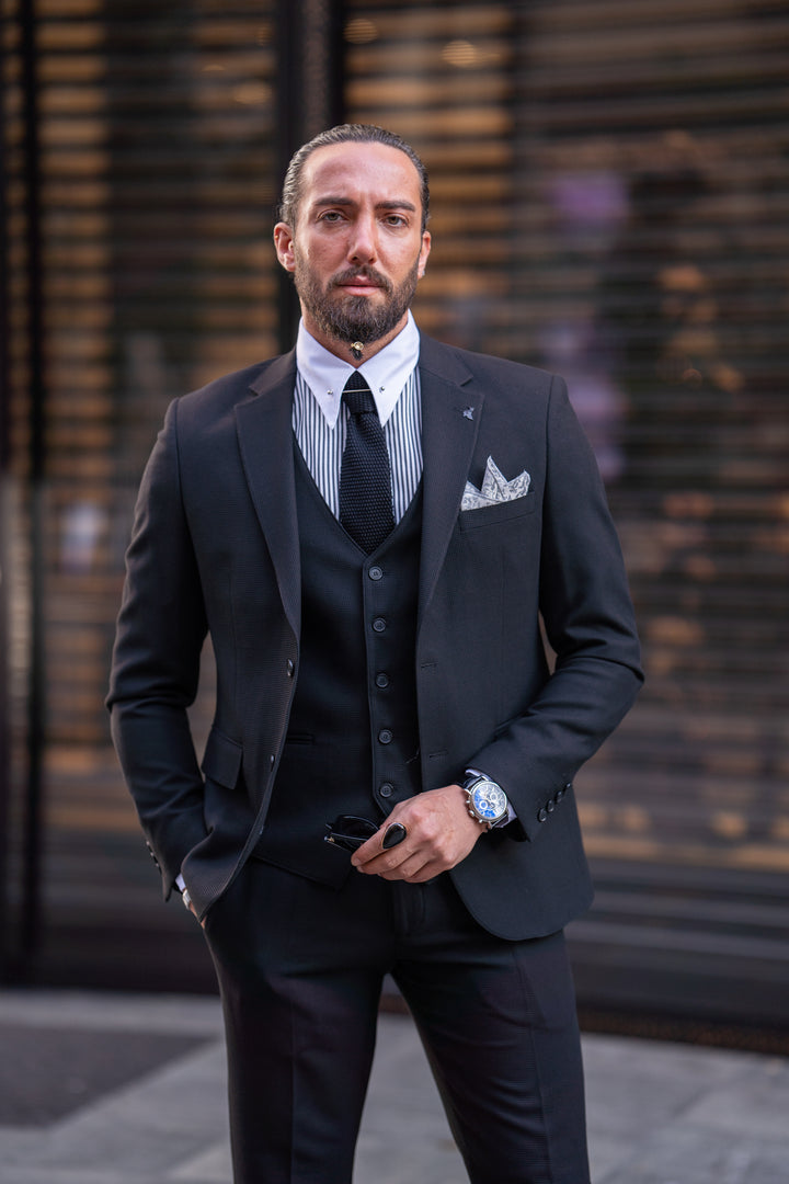 Special Design Slim Fit Self- Patterned Suit - Black