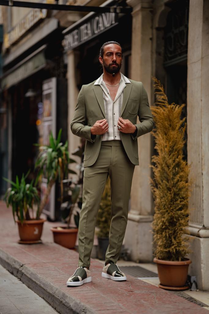 Mono Collar Bag Pocket Slim Fit Suit - Green