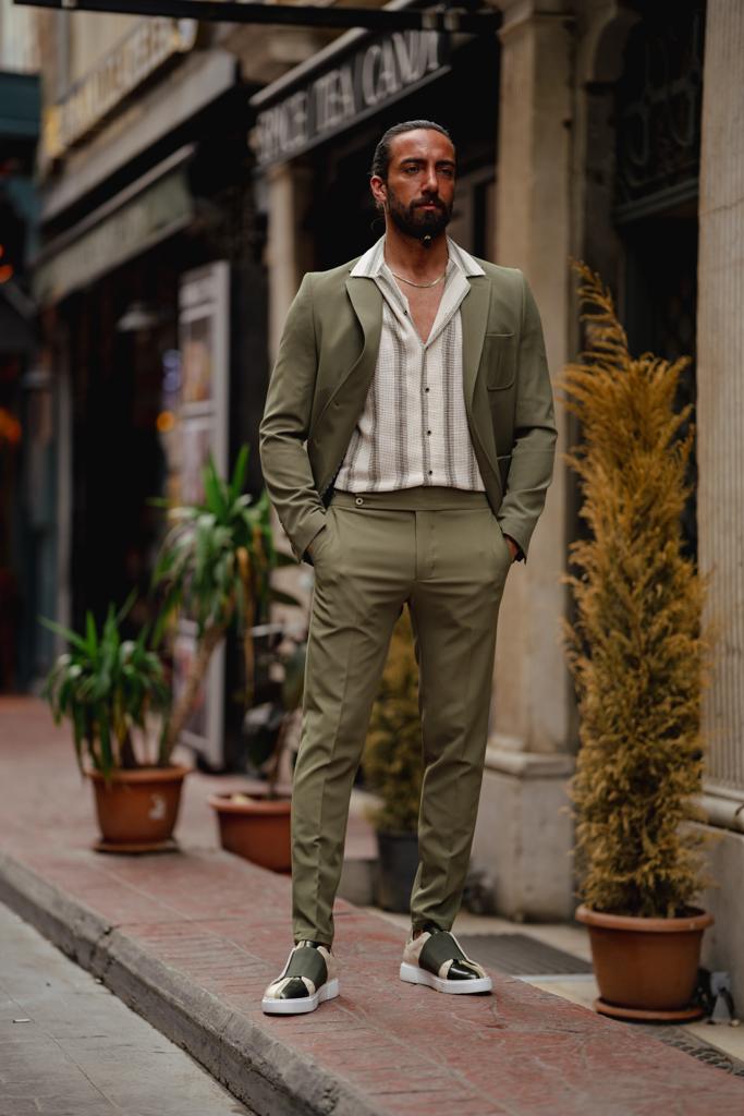 Mono Collar Bag Pocket Slim Fit Suit - Green