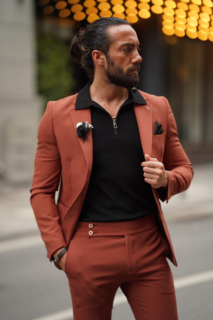 Mono Collar Bag Pocket Slim Fit Suit - Tile