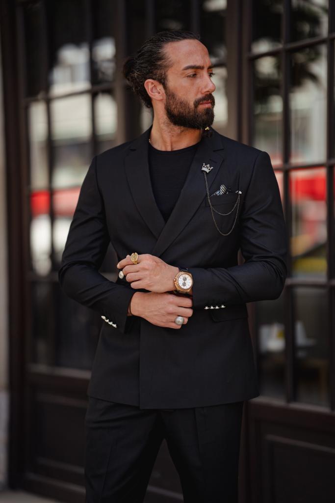 Mono Collar Button Detailed Slim Fit Suit - Black