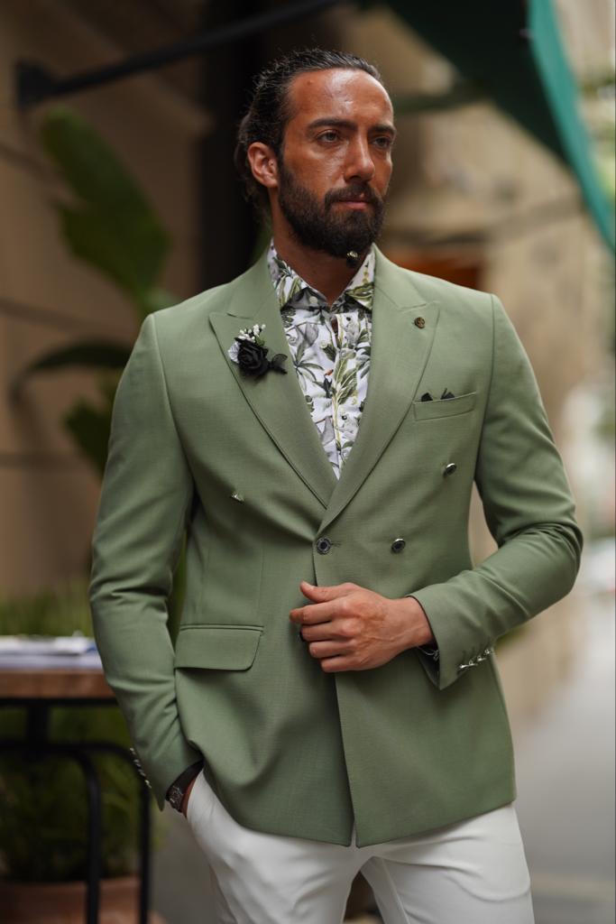 Mono Collar Slim Fit Double Breasted Suit - Green