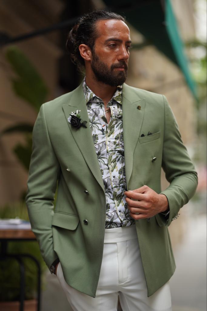 Mono Collar Slim Fit Double Breasted Suit - Green
