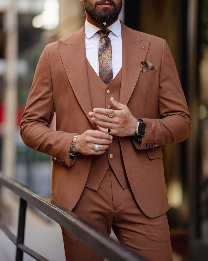 Gold Detailed Slim Fit Suit - Tile