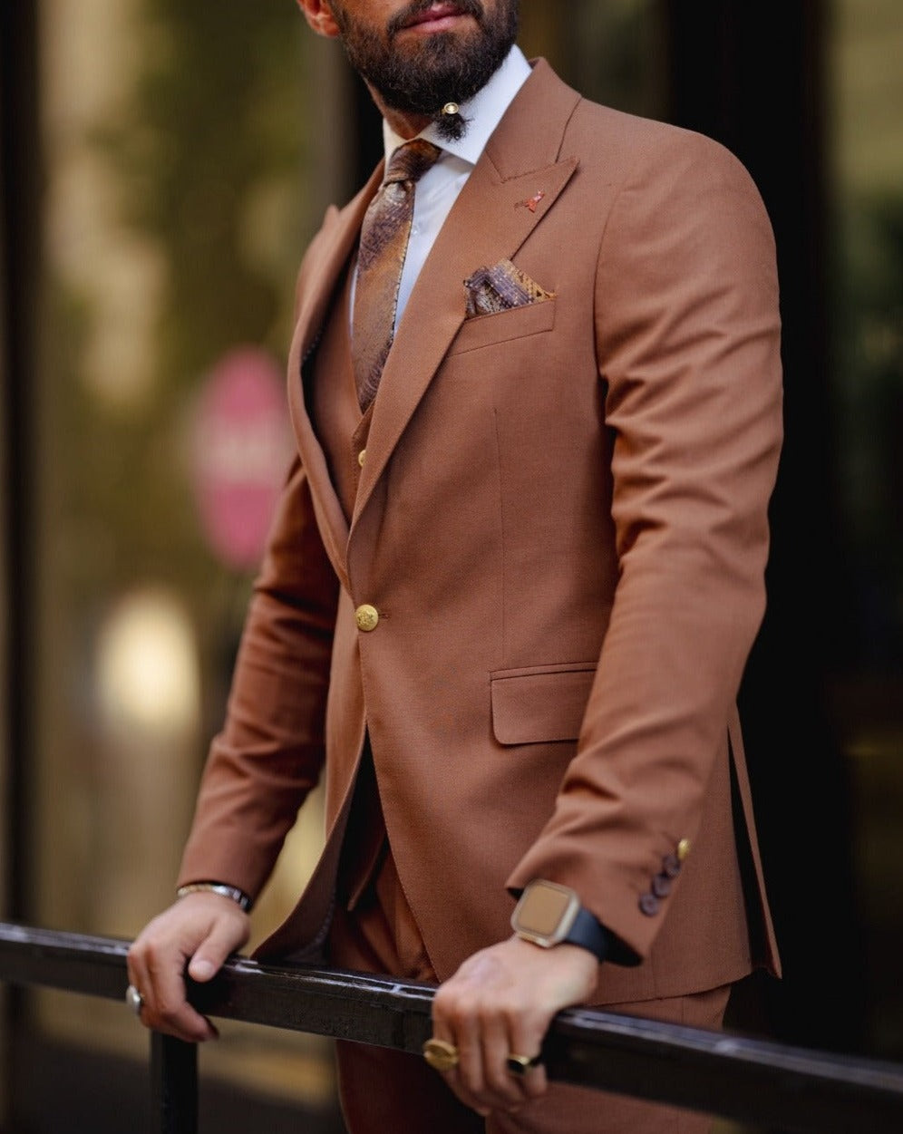 Gold Detailed Slim Fit Suit - Tile