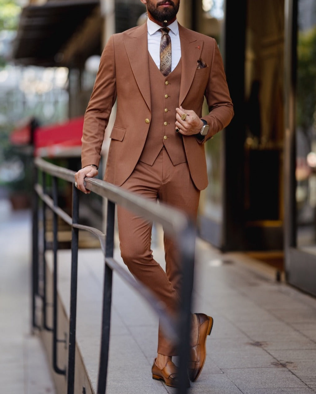 Gold Detailed Slim Fit Suit - Tile