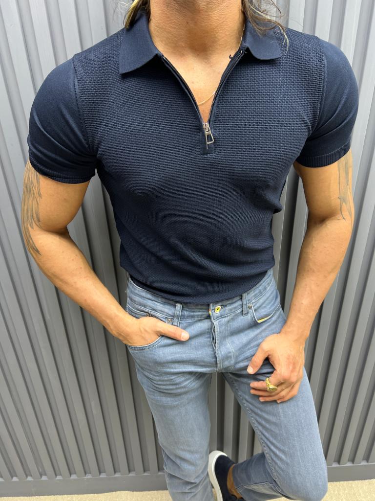 T-shirt en tricot coupe slim à col polo - Bleu marine