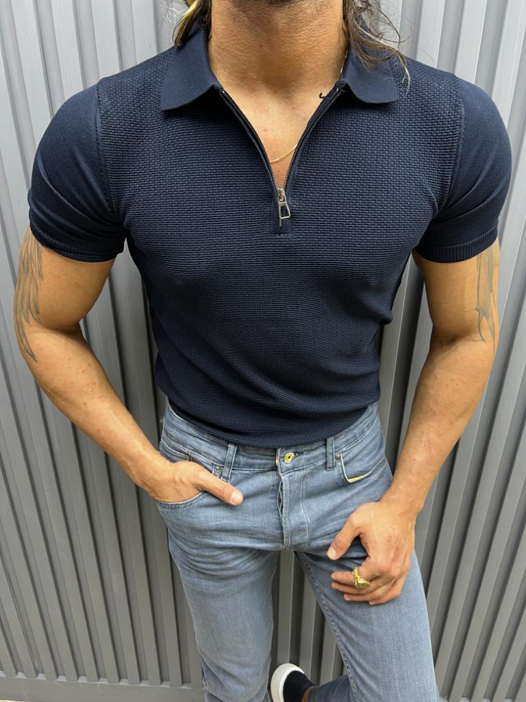 Polo Neck Slim Fit Knitwear T-shirt - Navy Blue