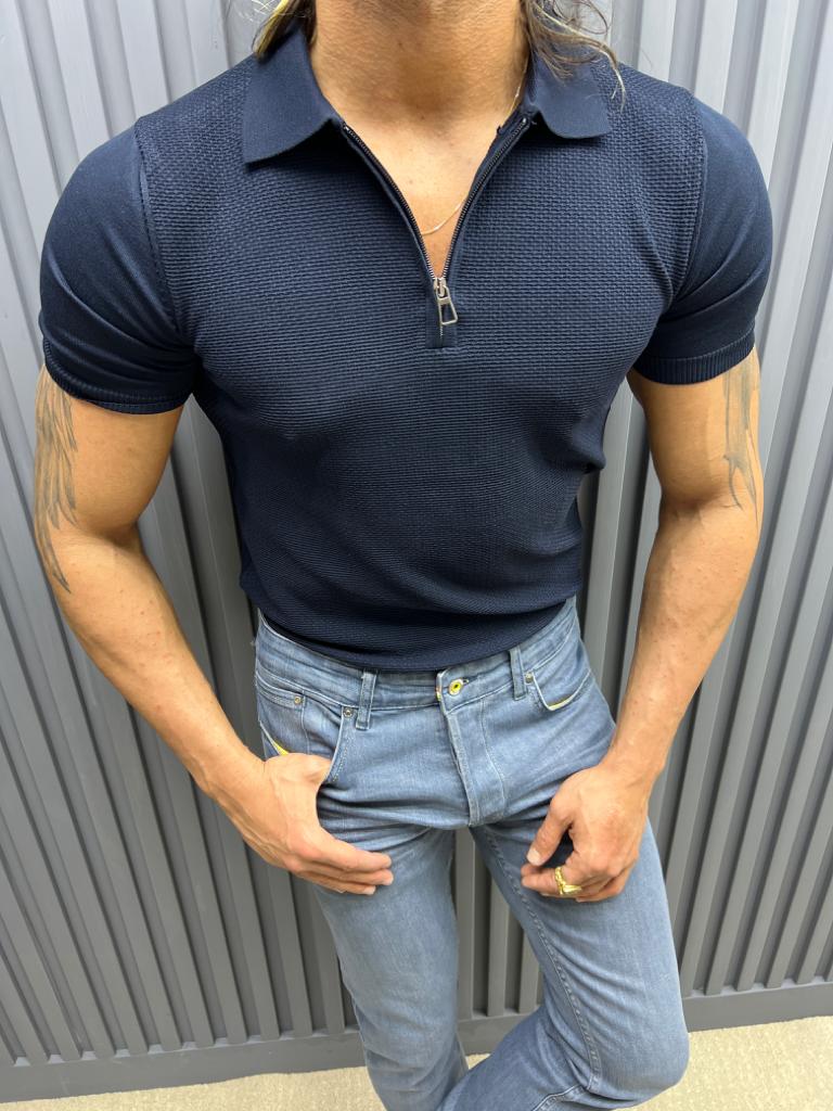 T-shirt en tricot coupe slim à col polo - Bleu marine