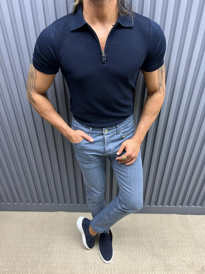 Polo Neck Slim Fit Knitwear T-shirt - Navy Blue