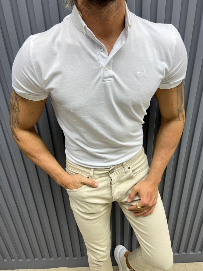 Polo Neck Slim Fit Knitwear T-shirt - White
