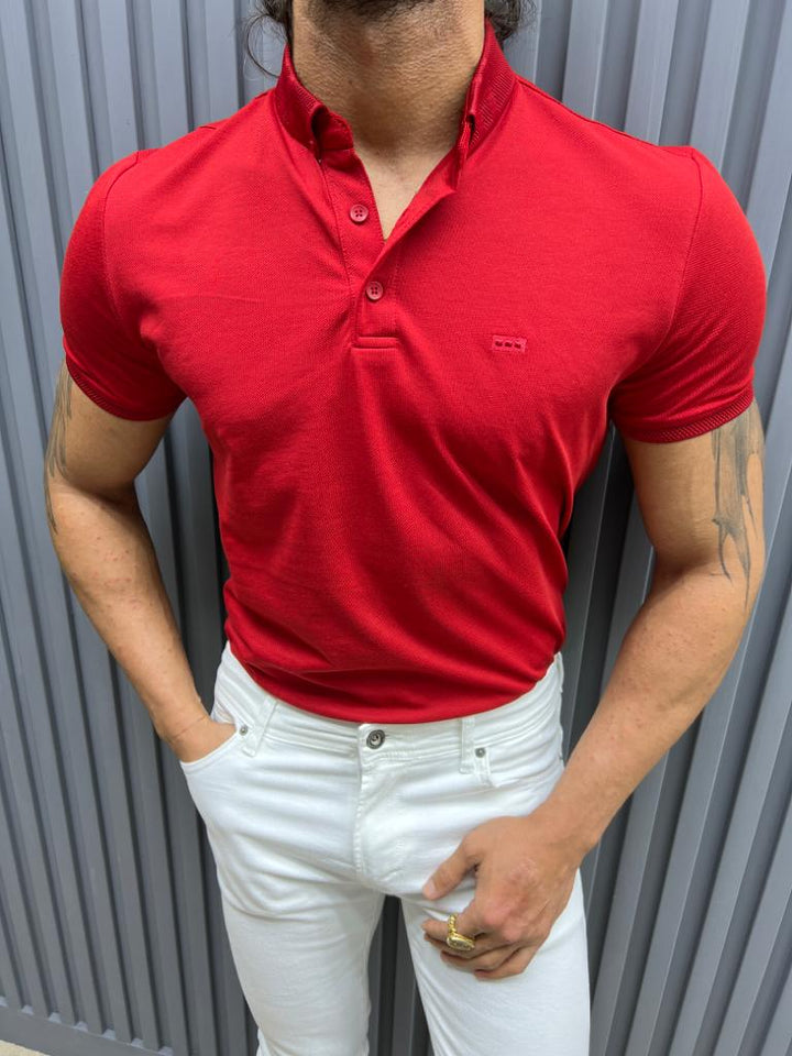 T-shirt Slim Fit à Col Polo T-shirt en Maille - Rouge