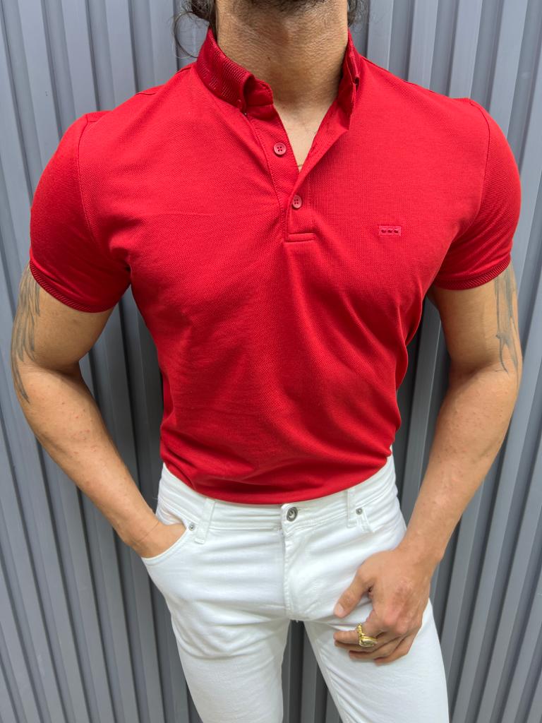 T-shirt Slim Fit à Col Polo T-shirt en Maille - Rouge