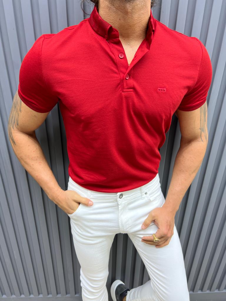 T-shirt Slim Fit à Col Polo T-shirt en Maille - Rouge