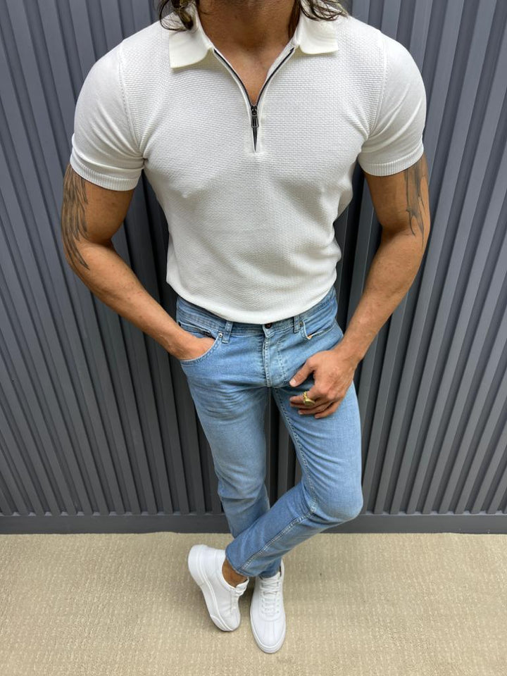 Polo Neck Slim Fit T-shirt Knitwear T-shirt - White