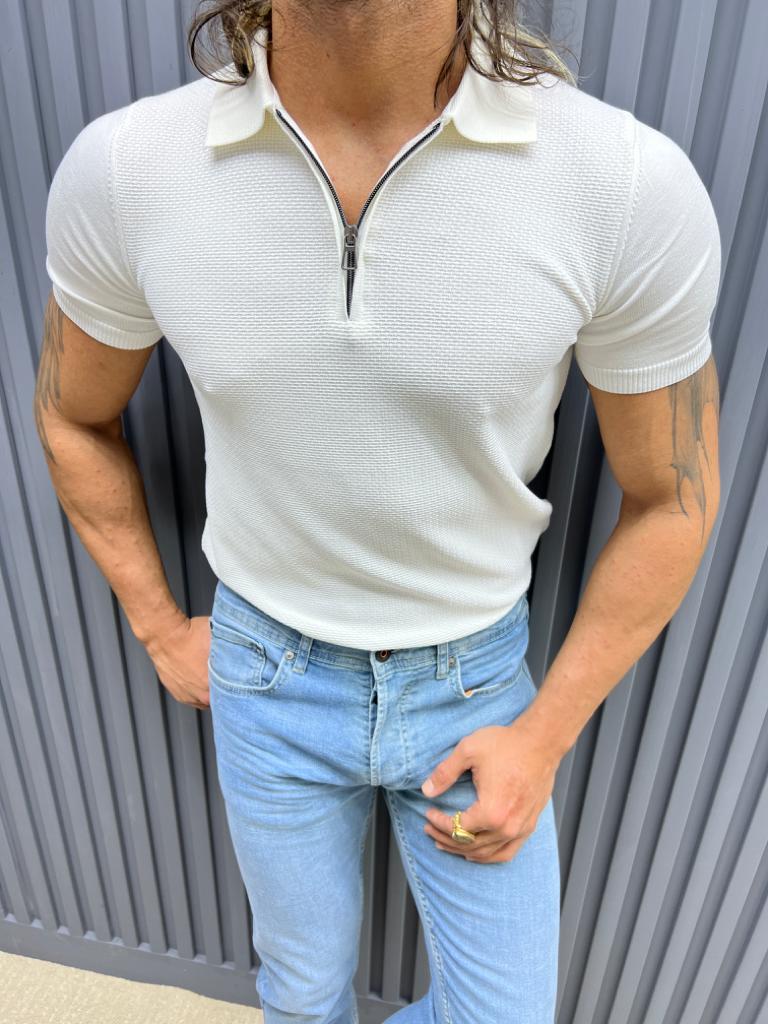 Polo Neck Slim Fit T-shirt Knitwear T-shirt - White
