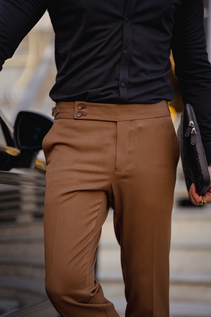 Slim Fit Fabric Trousers With Special Design Belt Detail - Camel