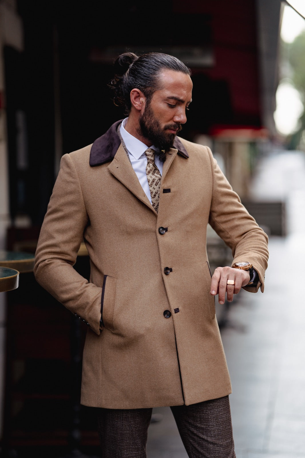 Slim Fit Fur Detailed Slim Fit Wool Coat - Camel